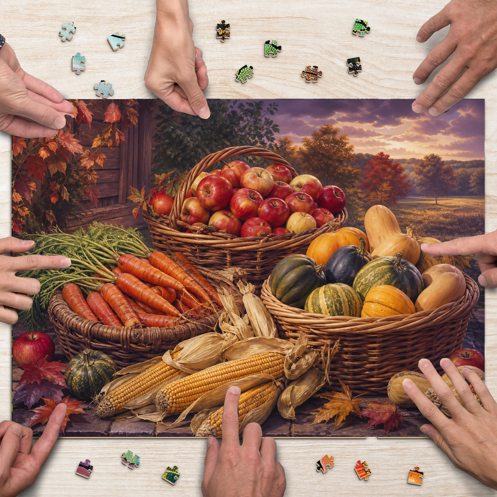 Golden Hour Farmers Market Baskets Botanical Lithograph Landscape - puzzle product view