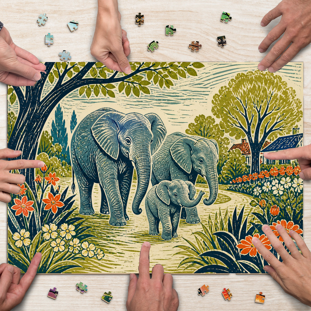 Vibrant Elephant Family Landscape Puzzle - puzzle product view
