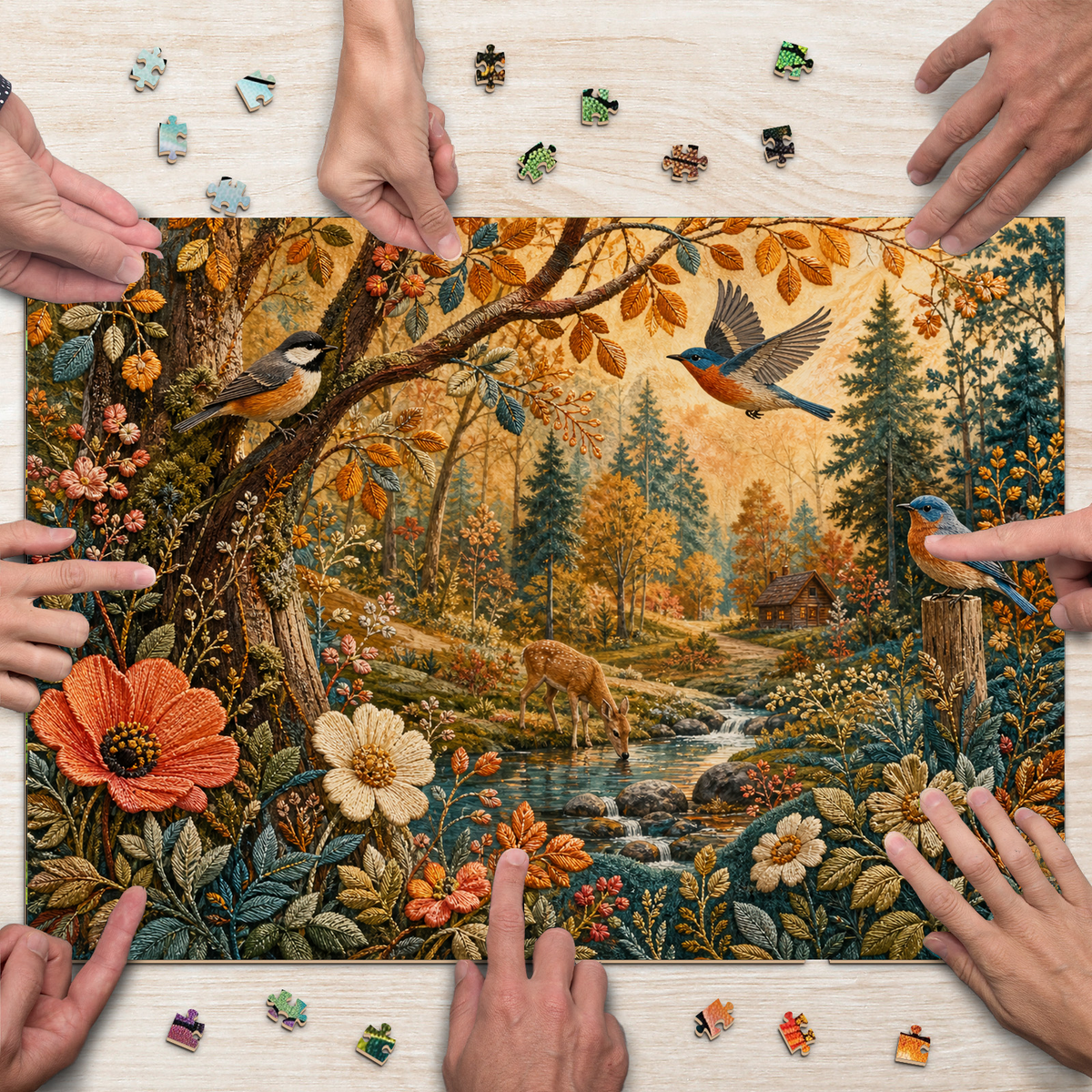 Amber Embroidered Woodland Landscape Puzzle - puzzle product view