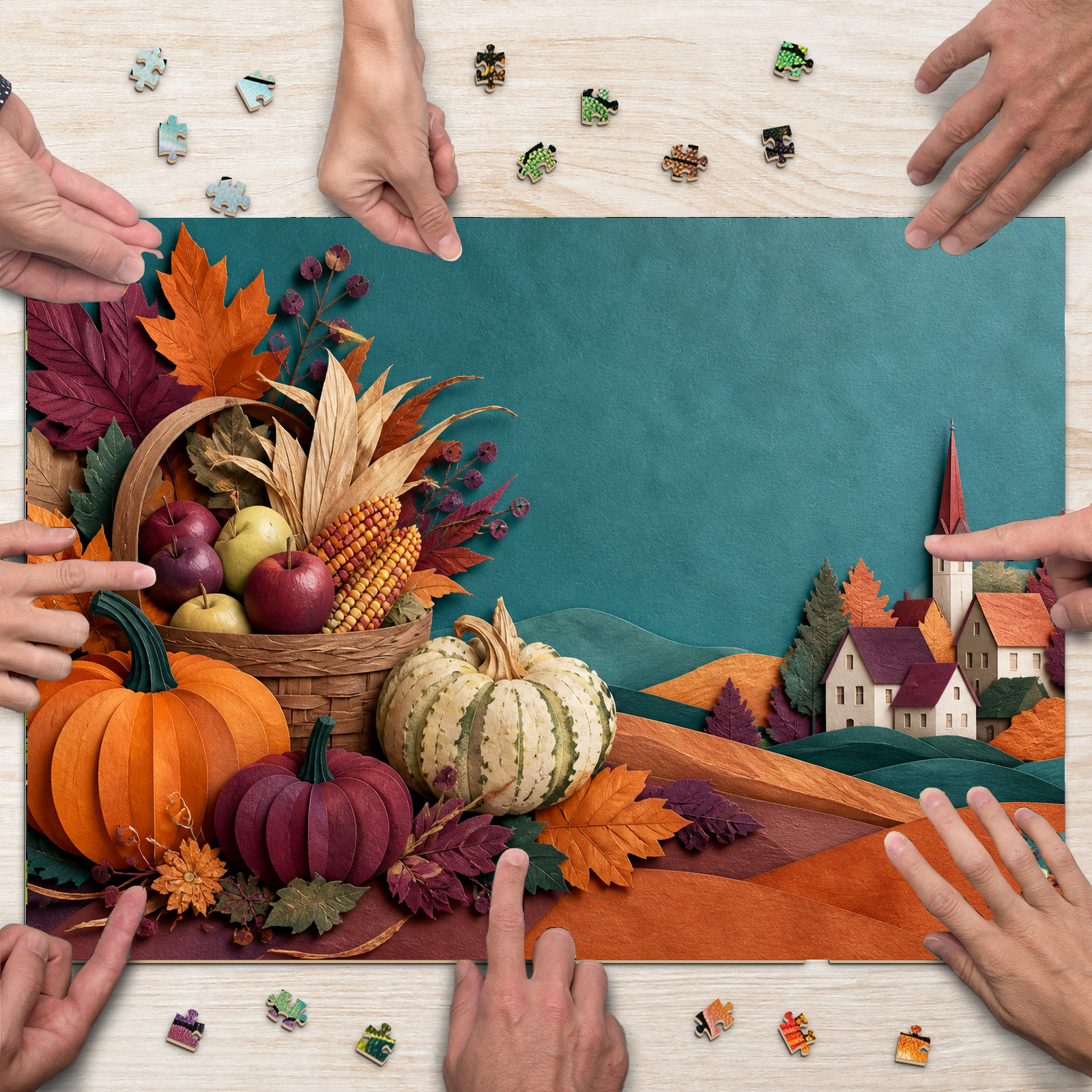 Moonlit Harvest Festival Paper Cut Collage Landscape Puzzle - puzzle product view