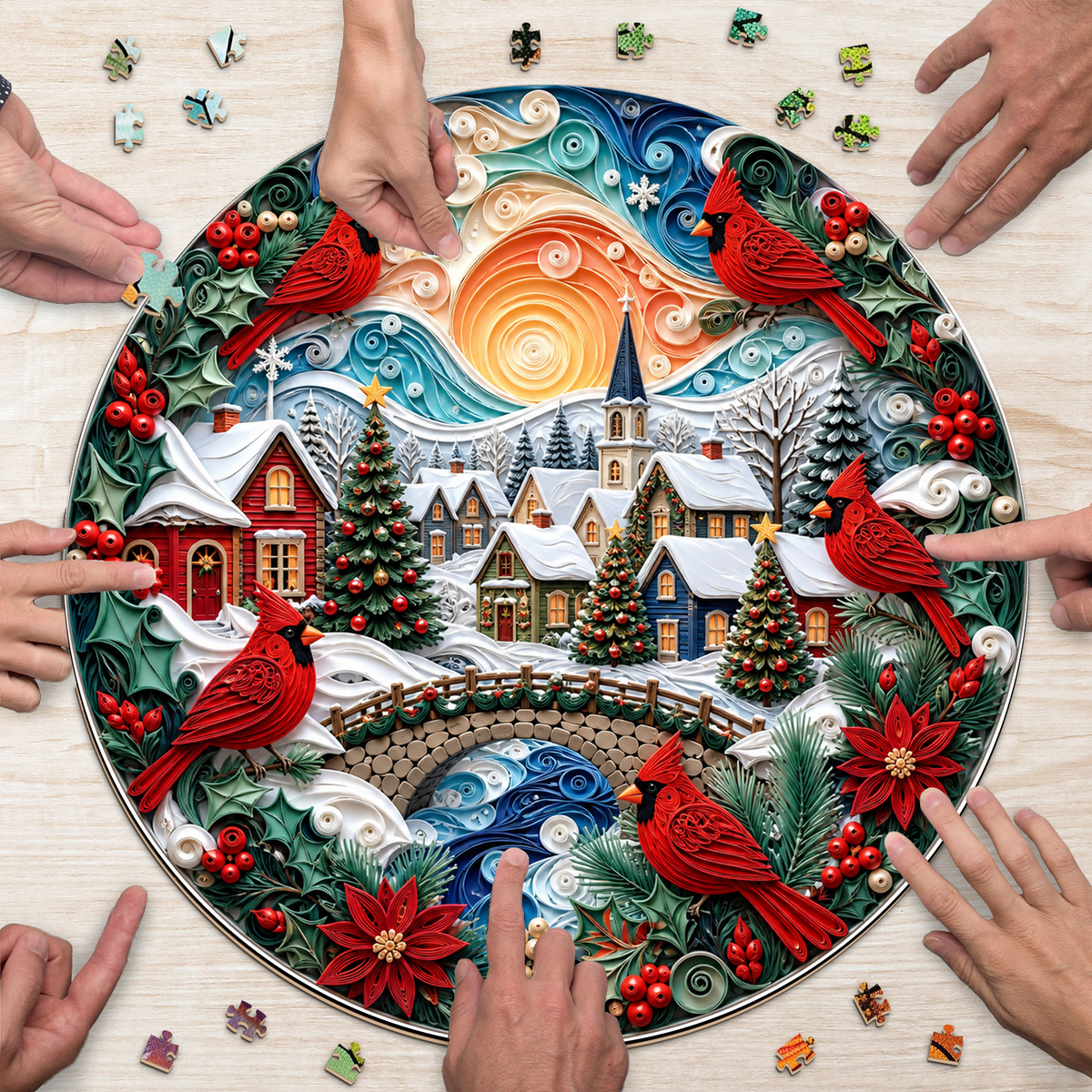 Crimson Cardinal Winter Village Round Puzzle - puzzle product view