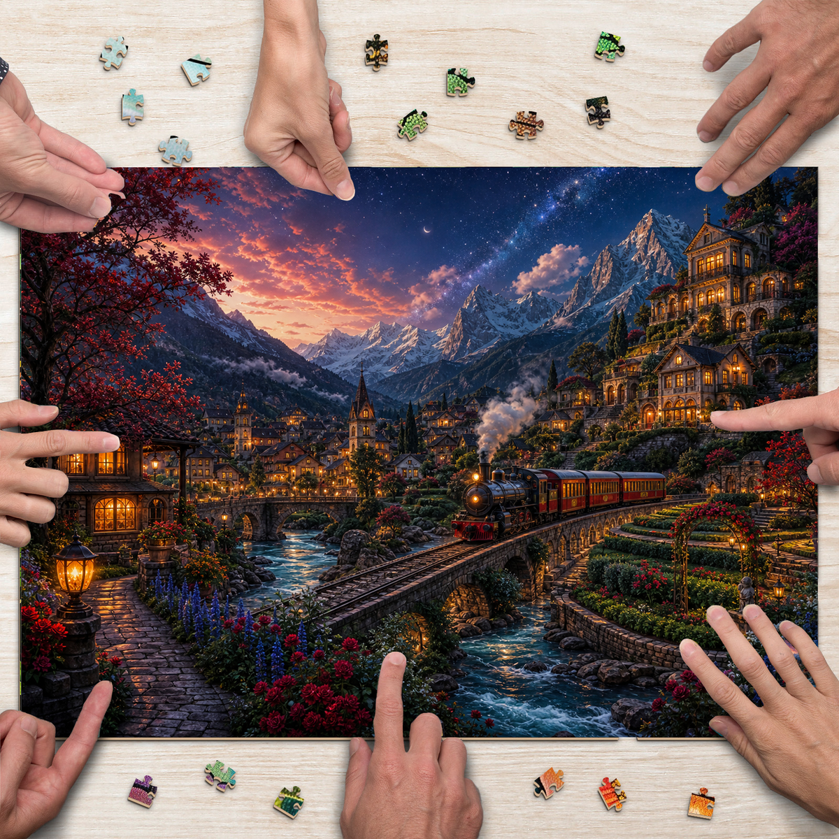 Starlit Mountain Railway Town 159 Landscape Puzzle - puzzle product view