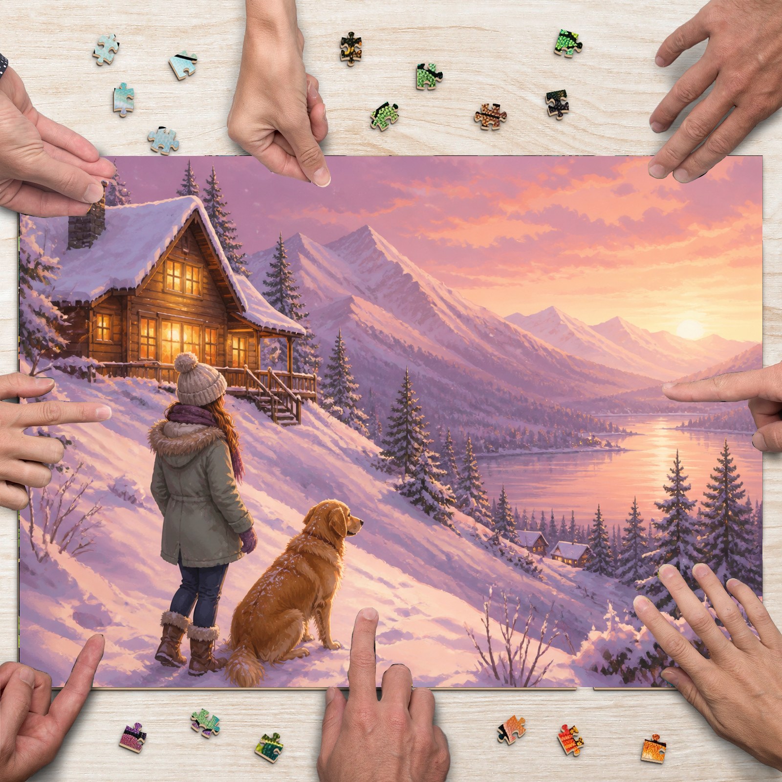 Quiet Winter Cabin Lights Character Illustration Landscape Puzzle - puzzle product view