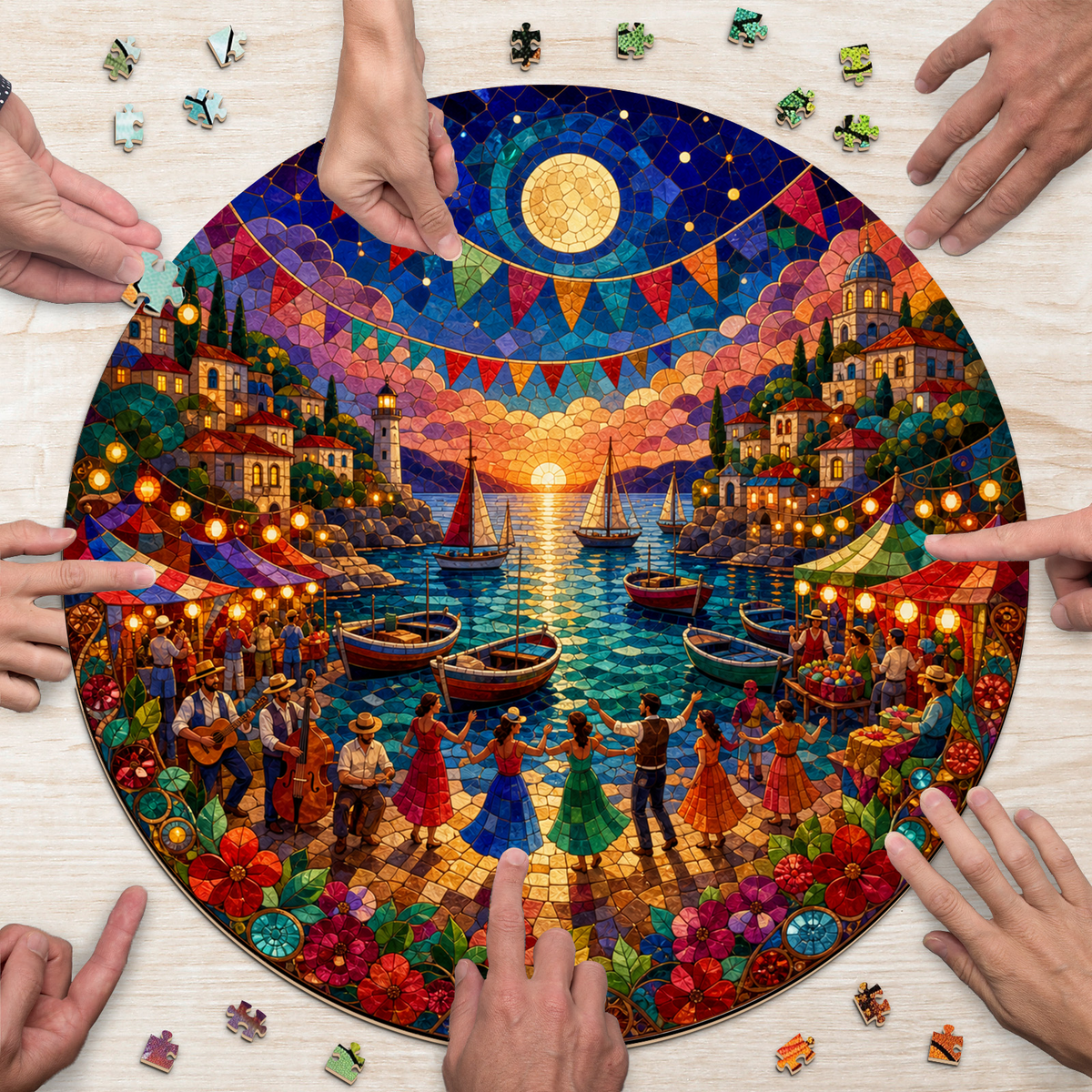 Moonlit Coastal Summer Festival Round Puzzle - puzzle product view