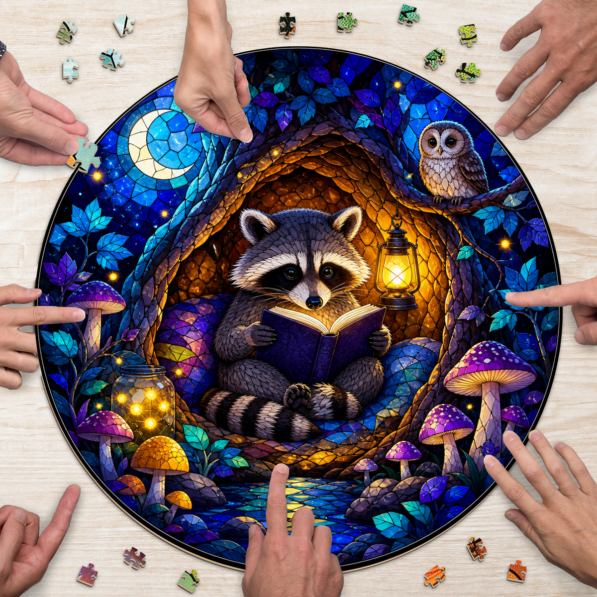 Moonlit Raccoon Reading Hollow Round Puzzle - puzzle product view