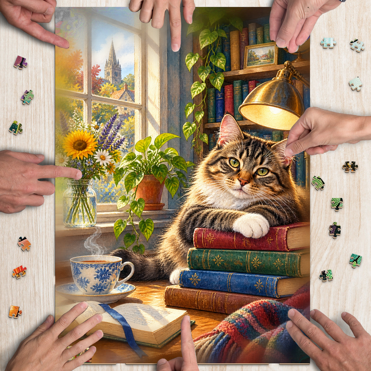 Vibrant Library Cat Portrait Puzzle - puzzle product view