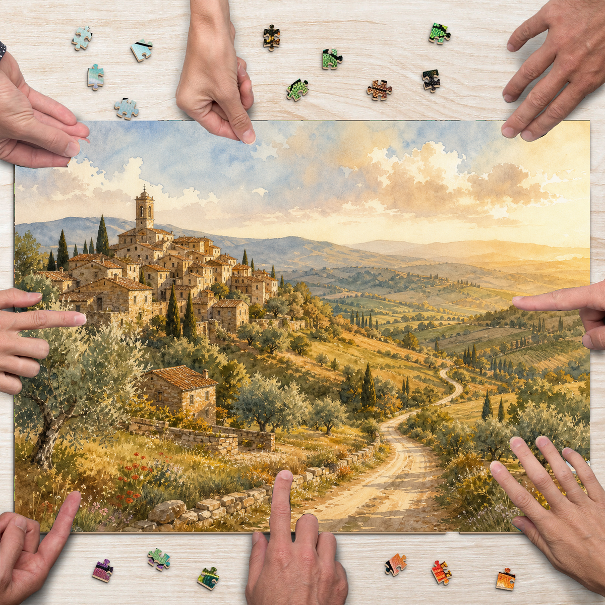 Golden Hour Hill Town Watercolor Ink Landscape Puzzle - puzzle product view