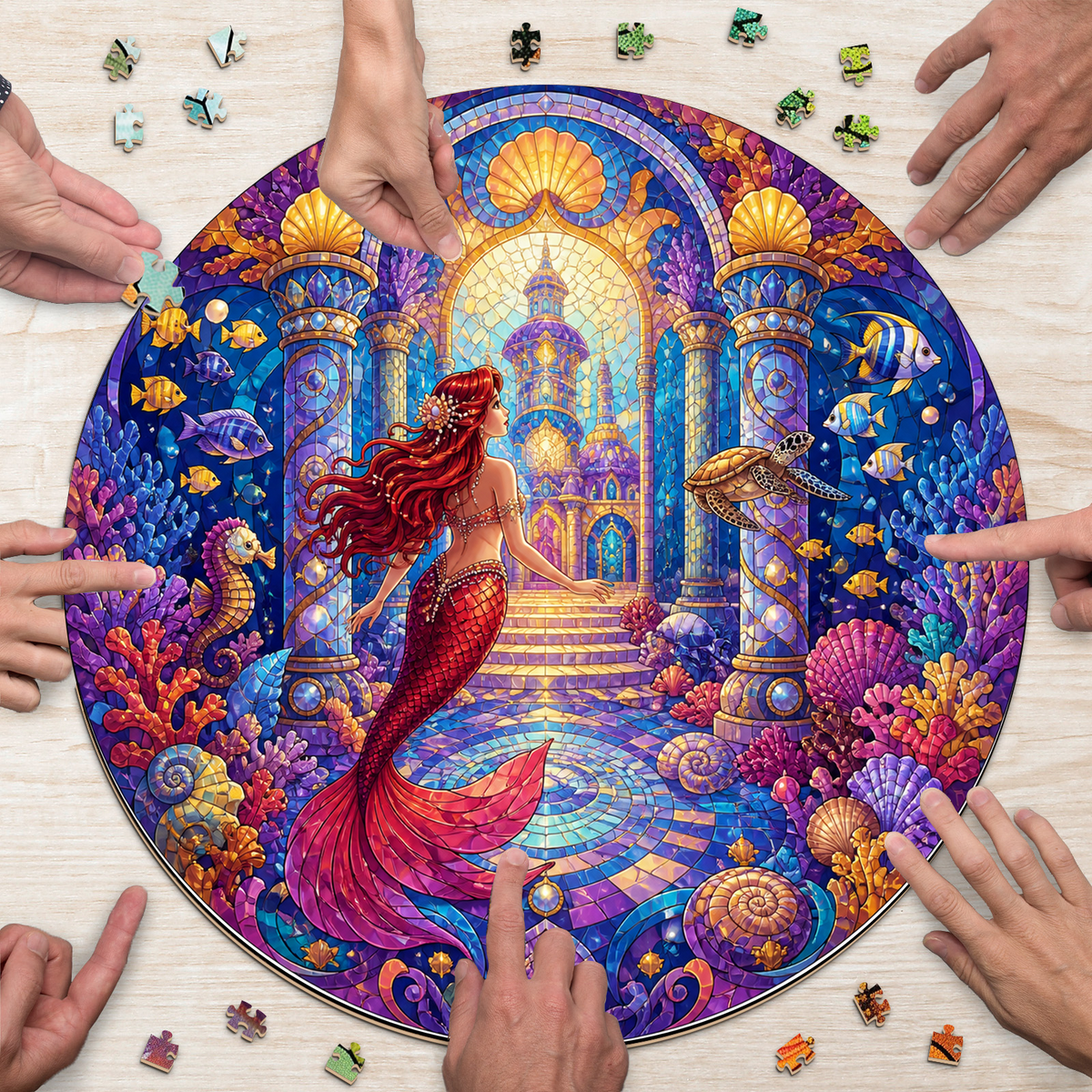 Crimson Mermaid Coral Palace Round Puzzle - puzzle product view