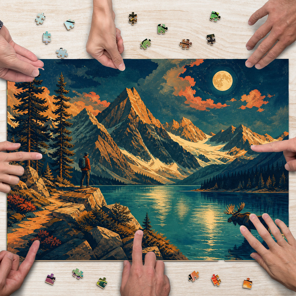 Moonlit Alpine Lake Landscape Puzzle - puzzle product view