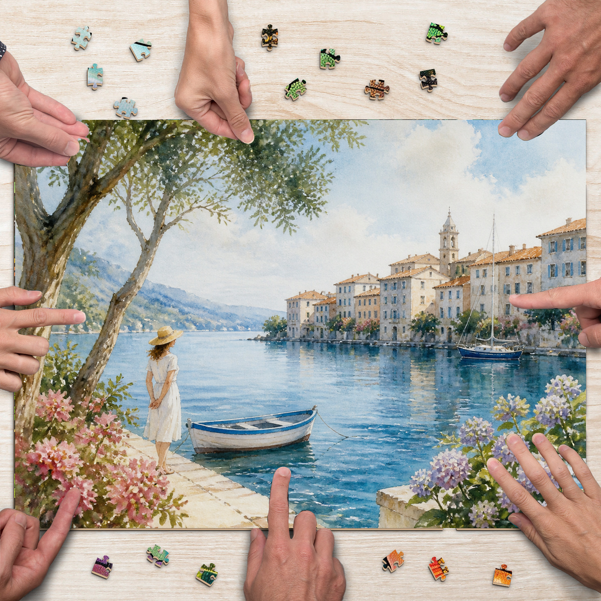 Story-Rich Watercolor Harbor Landscape Puzzle - puzzle product view