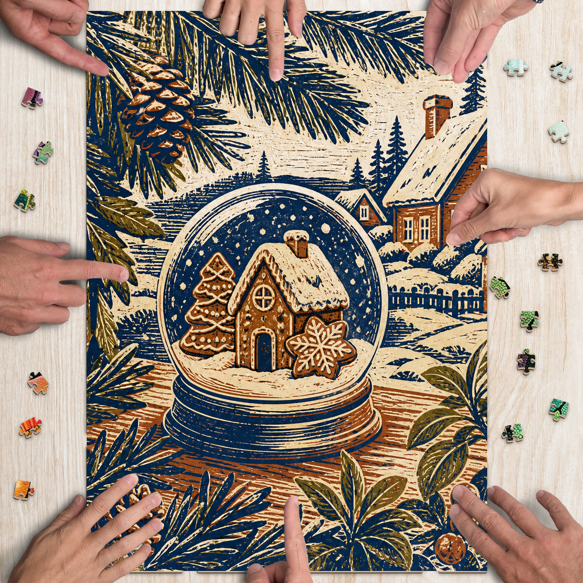 Vibrant Snow Globe Cookie Table Linocut Portrait Puzzle - puzzle product view