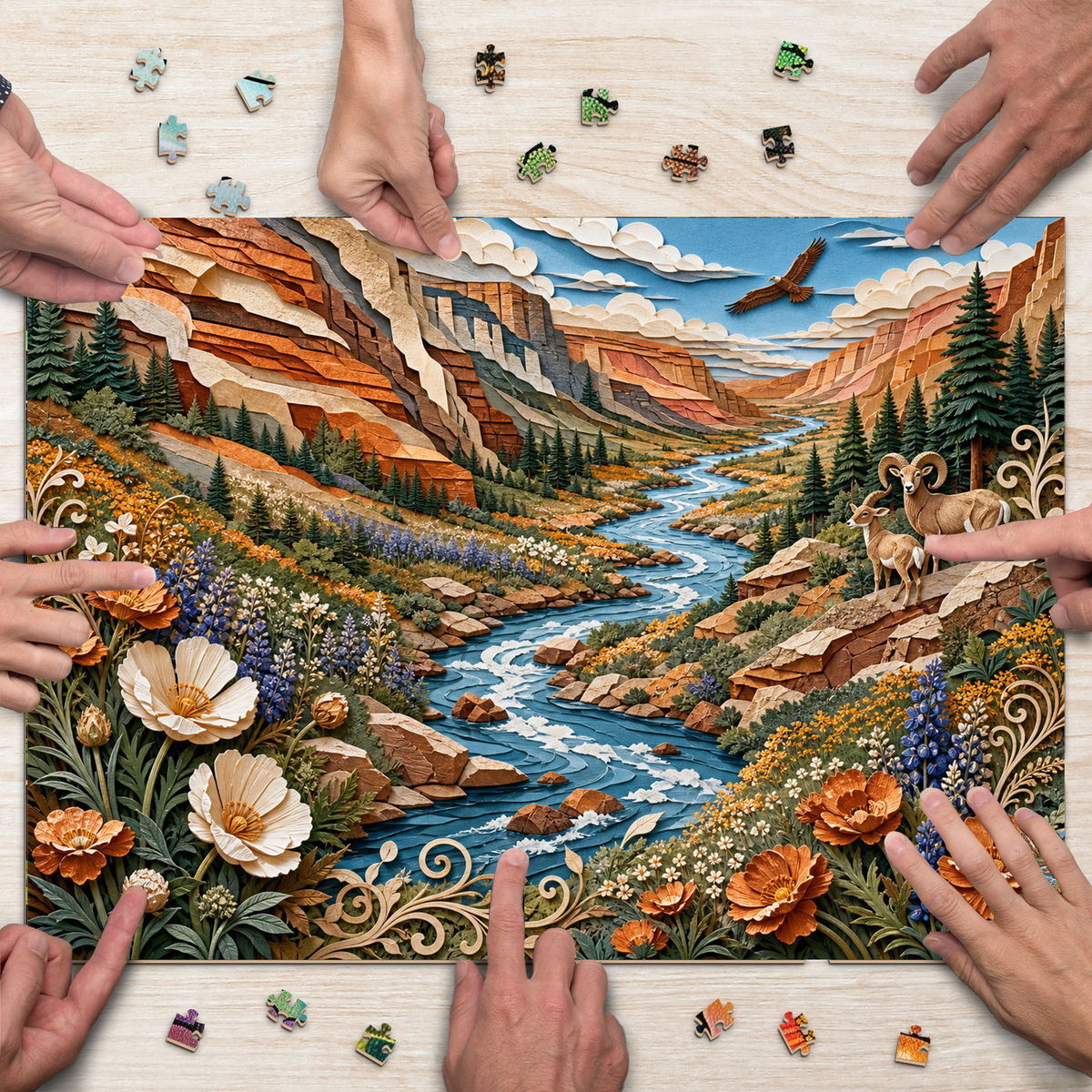 Sunlit Wildflower Canyon River Landscape Puzzle - puzzle product view