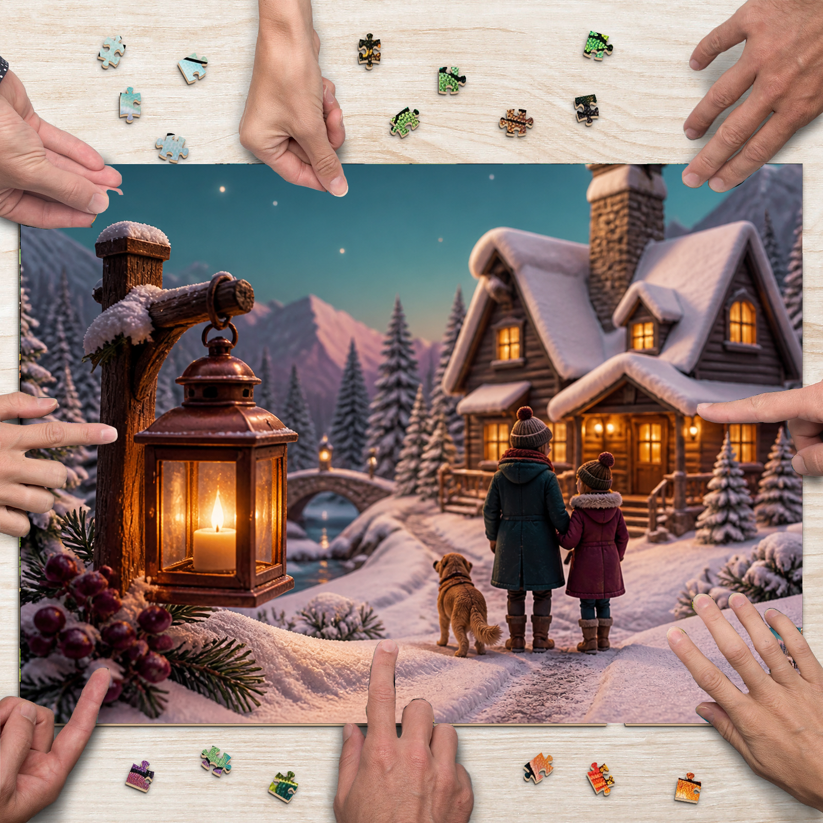 Golden Hour Winter Cabin Lights Soft 3d Storybook Landscape Puzzle - puzzle product view