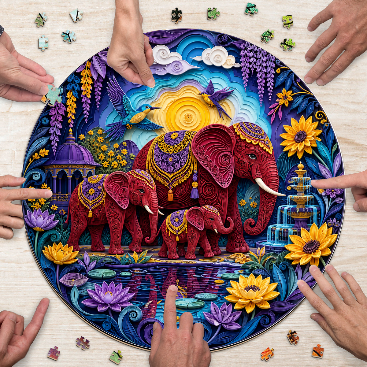 Crimson Elephant Garden Family Round Puzzle - puzzle product view