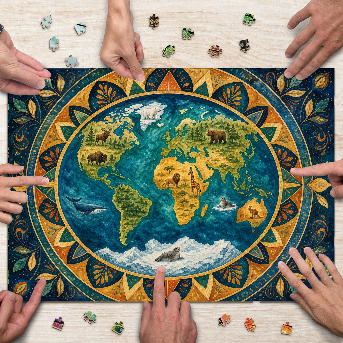 Golden Hour World Habitat Map Mandala Ornamental Landscape Puzzle - puzzle product view