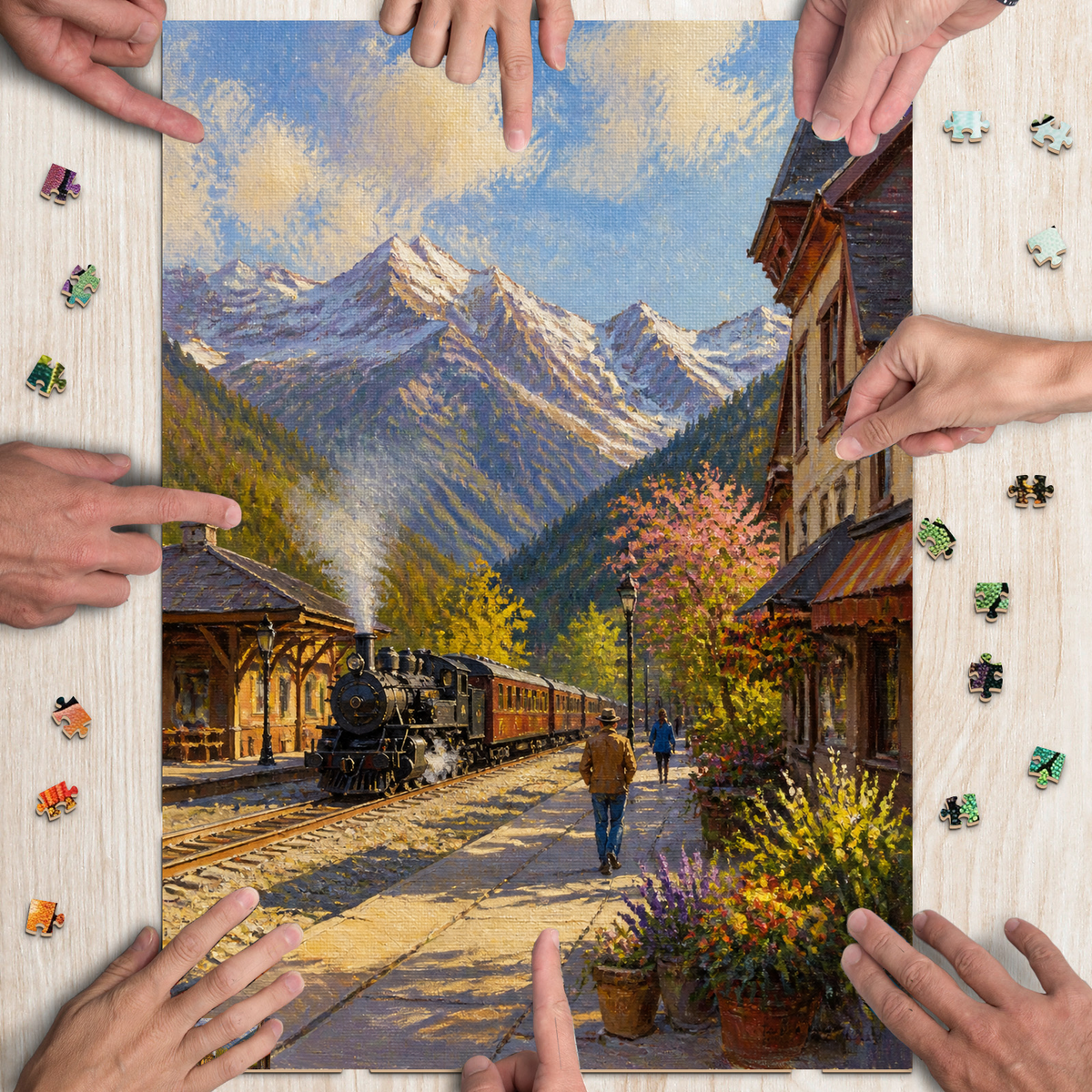 Sunlit Mountain Railway Station Portrait Puzzle - puzzle product view