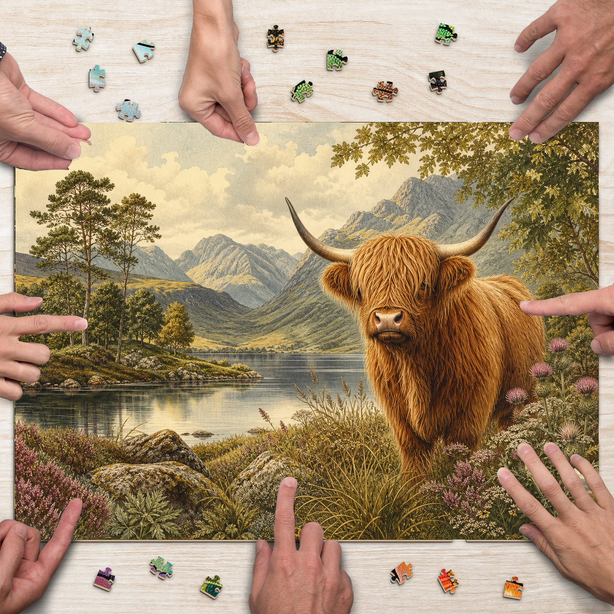 Luminous Highland Cattle Landscape Puzzle - puzzle product view