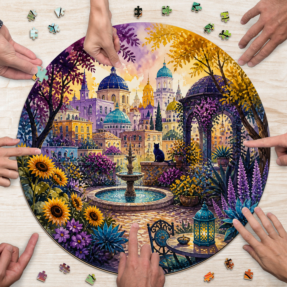 Crimson Watercolor City Garden Round Puzzle - puzzle product view