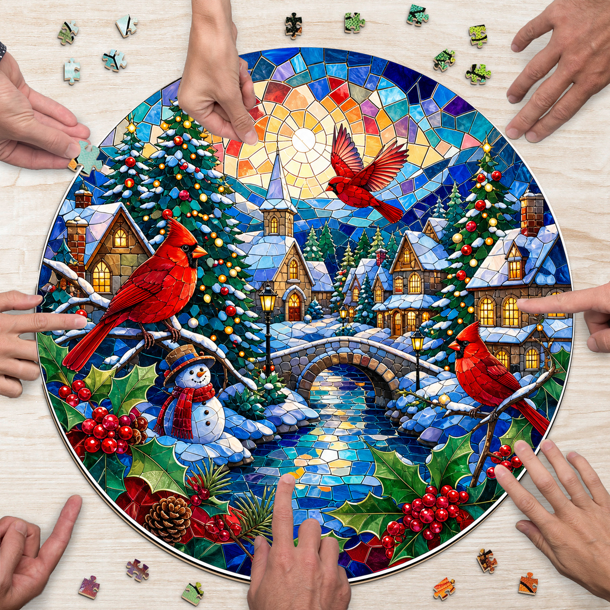 Whispering Cardinal Winter Village Round Puzzle - puzzle product view