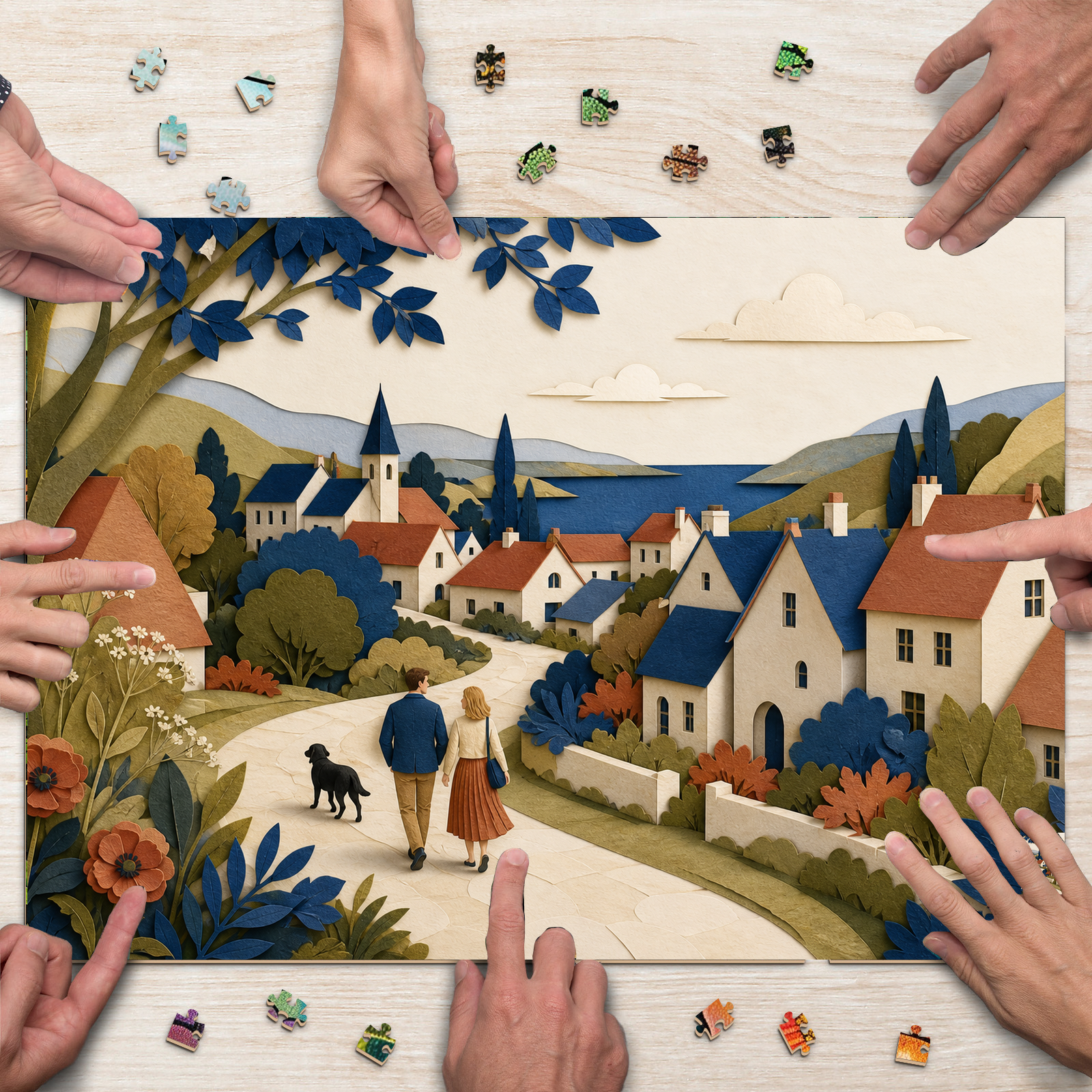 Story Rich Whimsical Neighborhood Paper Cut Collage Landscape Puzzle - puzzle product view
