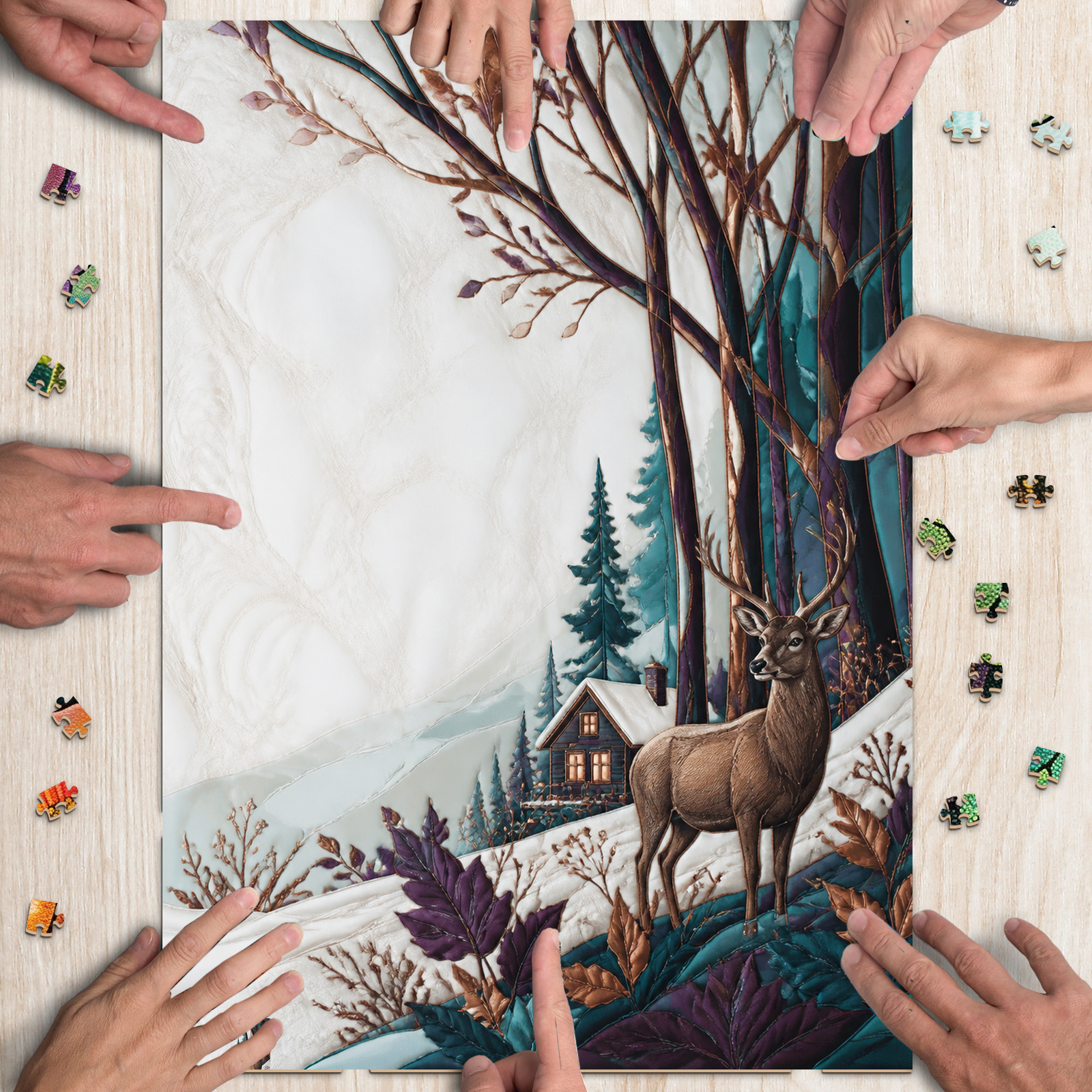 Luminous Stained Glass Forest Textile Quilt Portrait Puzzle - puzzle product view