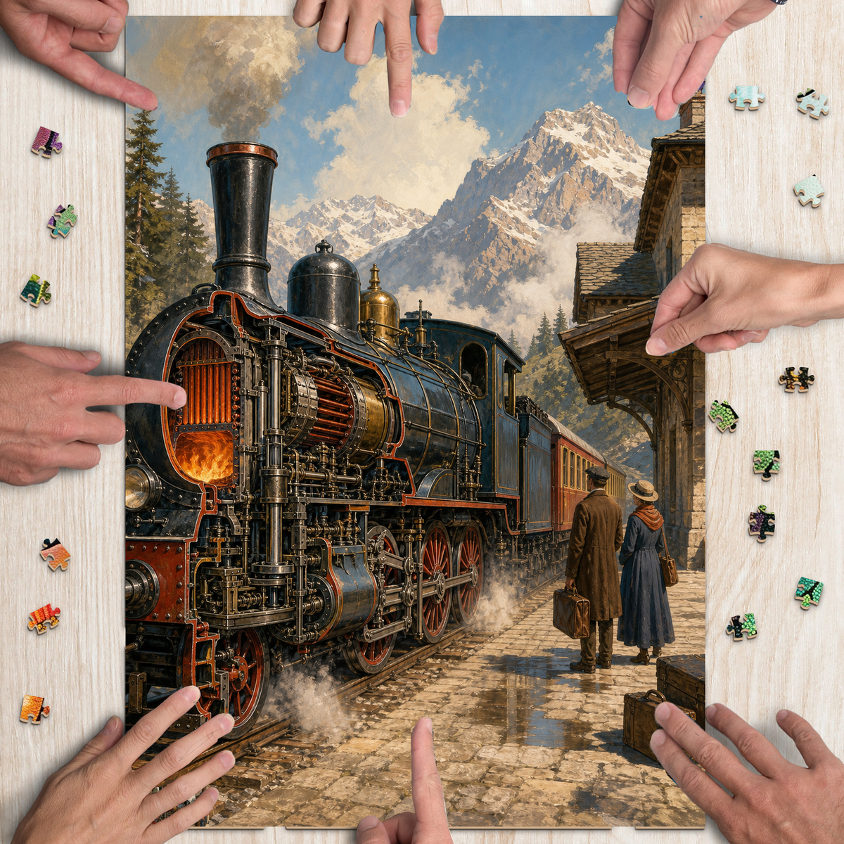Sunlit Steam Train at a Mountain Station Retro Mechanical Portrait - puzzle product view