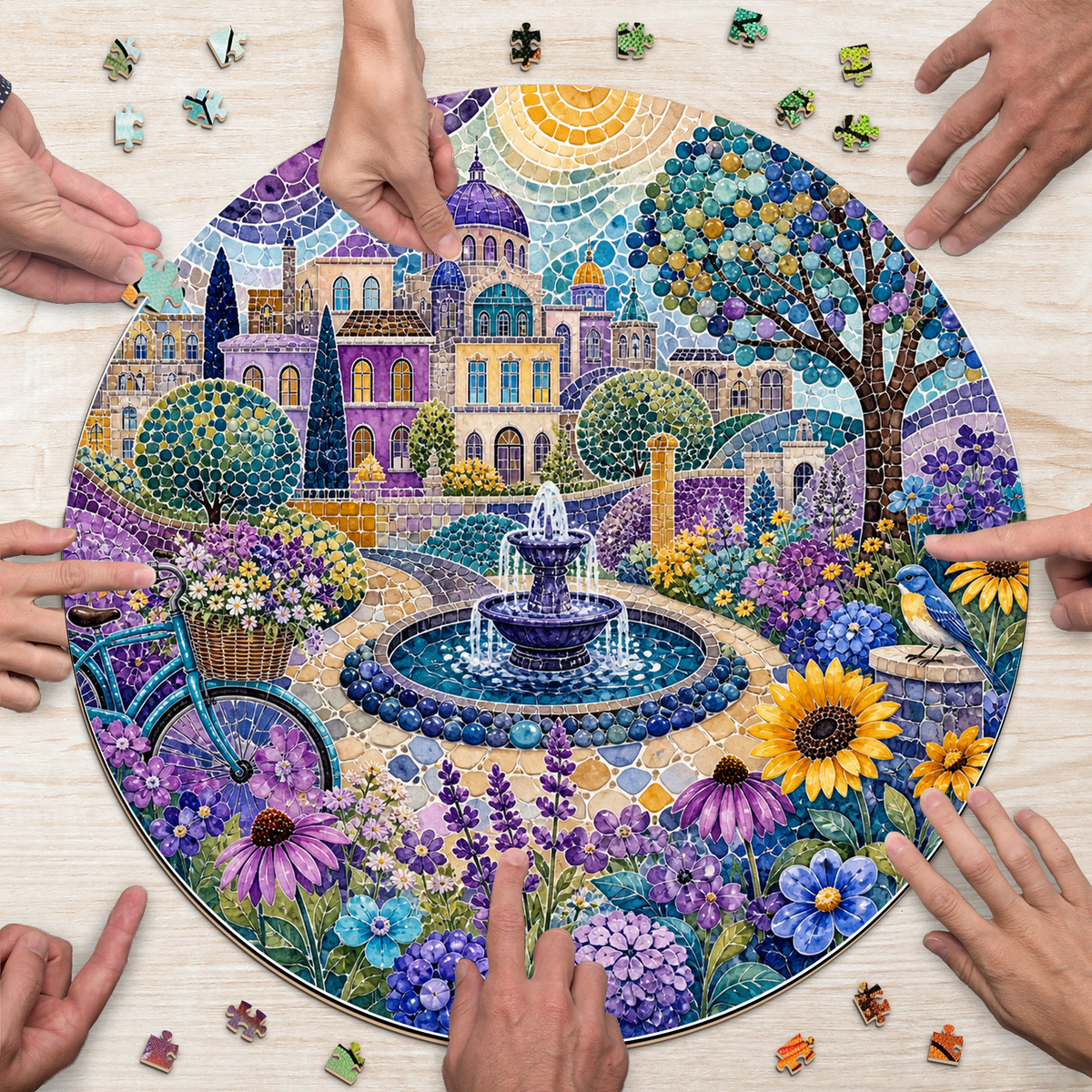 Wildflower Watercolor City Garden Round Puzzle - puzzle product view