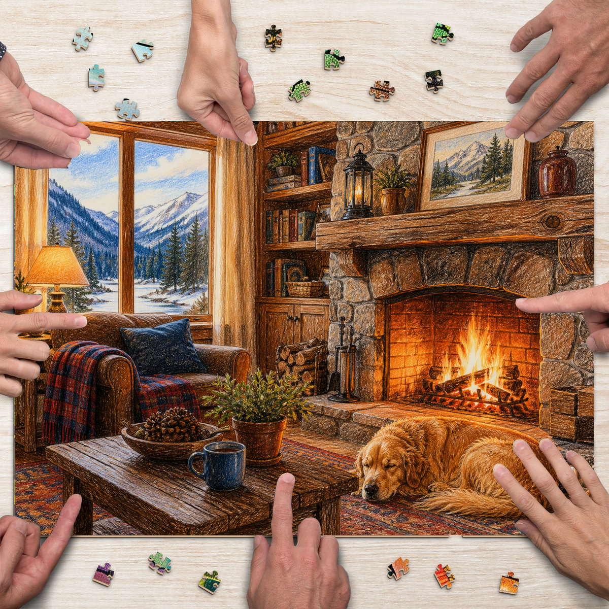 Vibrant Fireplace Room Landscape Puzzle - puzzle product view
