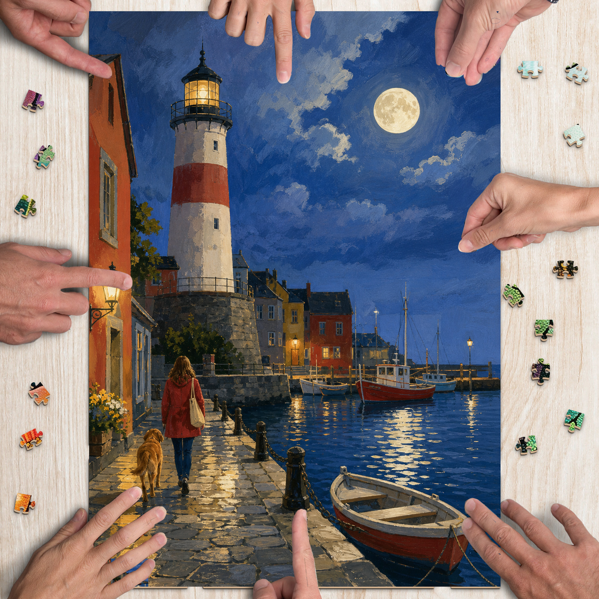Moonlit Lighthouse Harbor Portrait Puzzle - puzzle product view