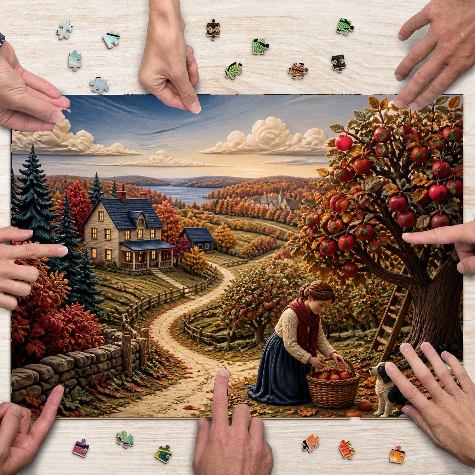 Vibrant Autumn Apple Orchard Soft 3d Storybook Landscape Puzzle - puzzle product view