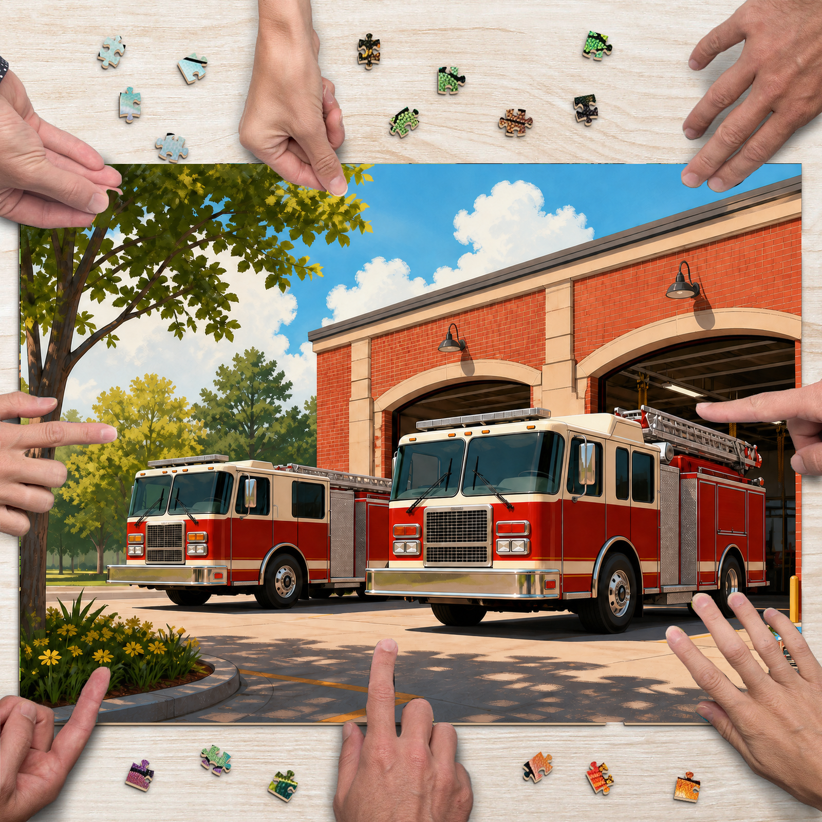 Sunlit Fire Engines at the Station Flat Editorial Illustration - puzzle product view