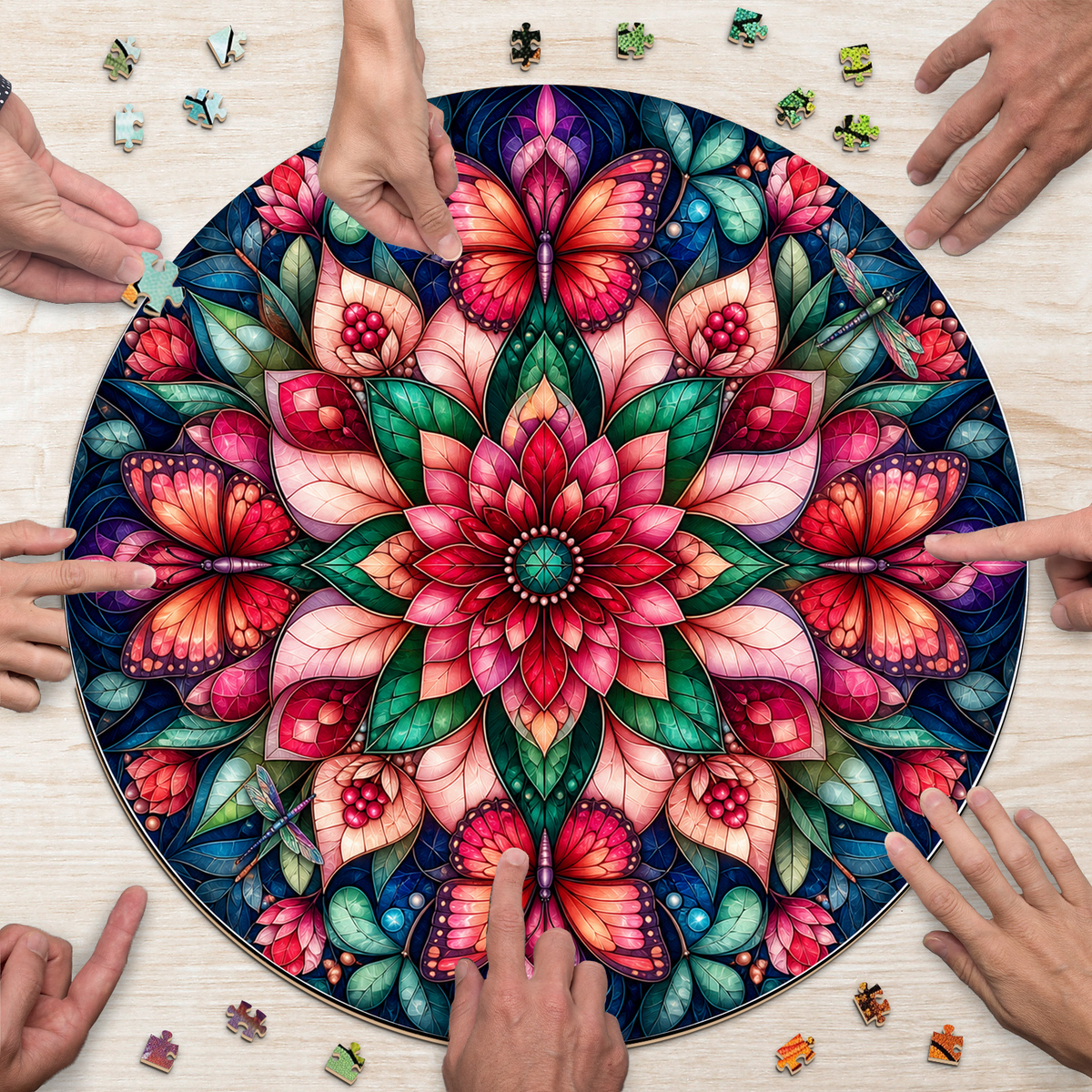 Crimson Botanical Kaleidoscope Round Puzzle - puzzle product view