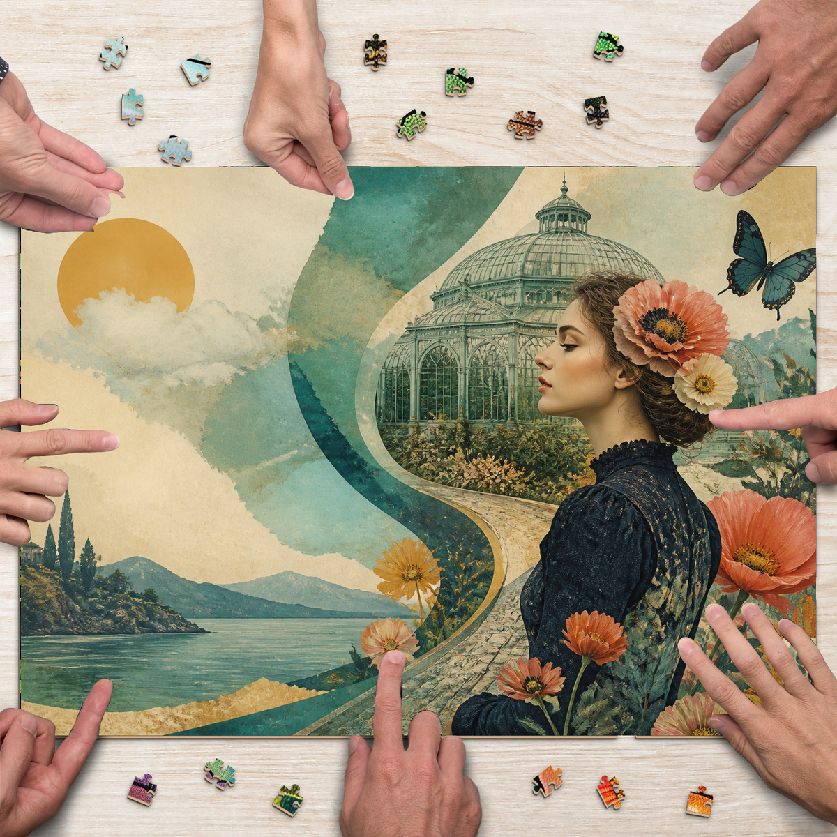Golden Hour Art Nouveau Greenhouse Surreal Collage Landscape Puzzle - puzzle product view