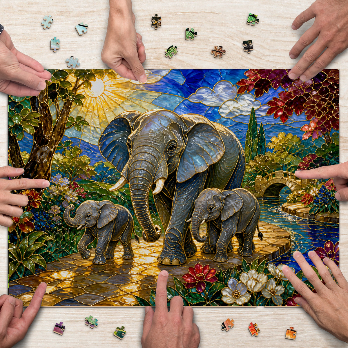 Sunlit Elephant Family Landscape Puzzle - puzzle product view