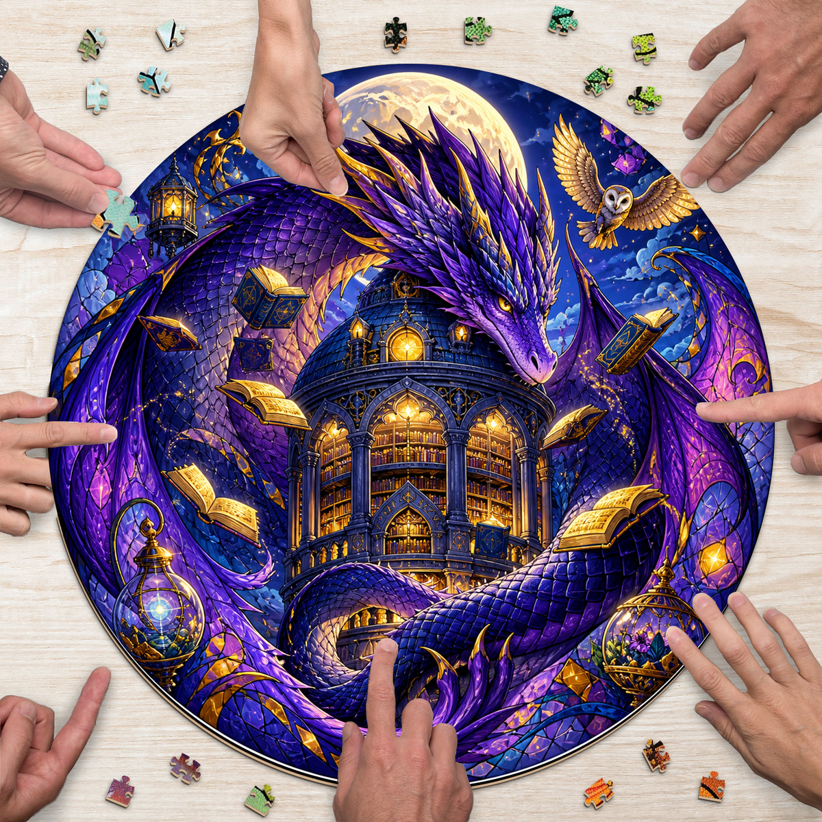Twilight Dragon Library Moon Round Puzzle - puzzle product view