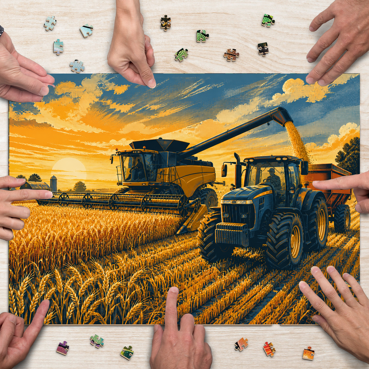Luminous Farm Machinery at Harvest Screen Print Landscape Puzzle - puzzle product view