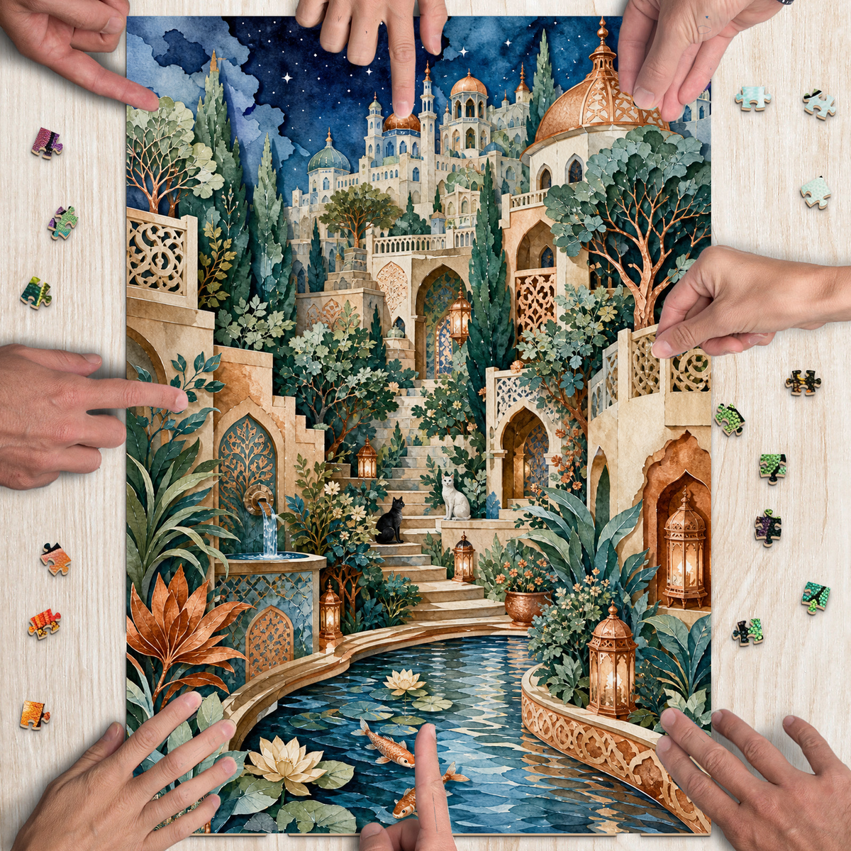 Starlit Watercolor City Garden Portrait Puzzle - puzzle product view