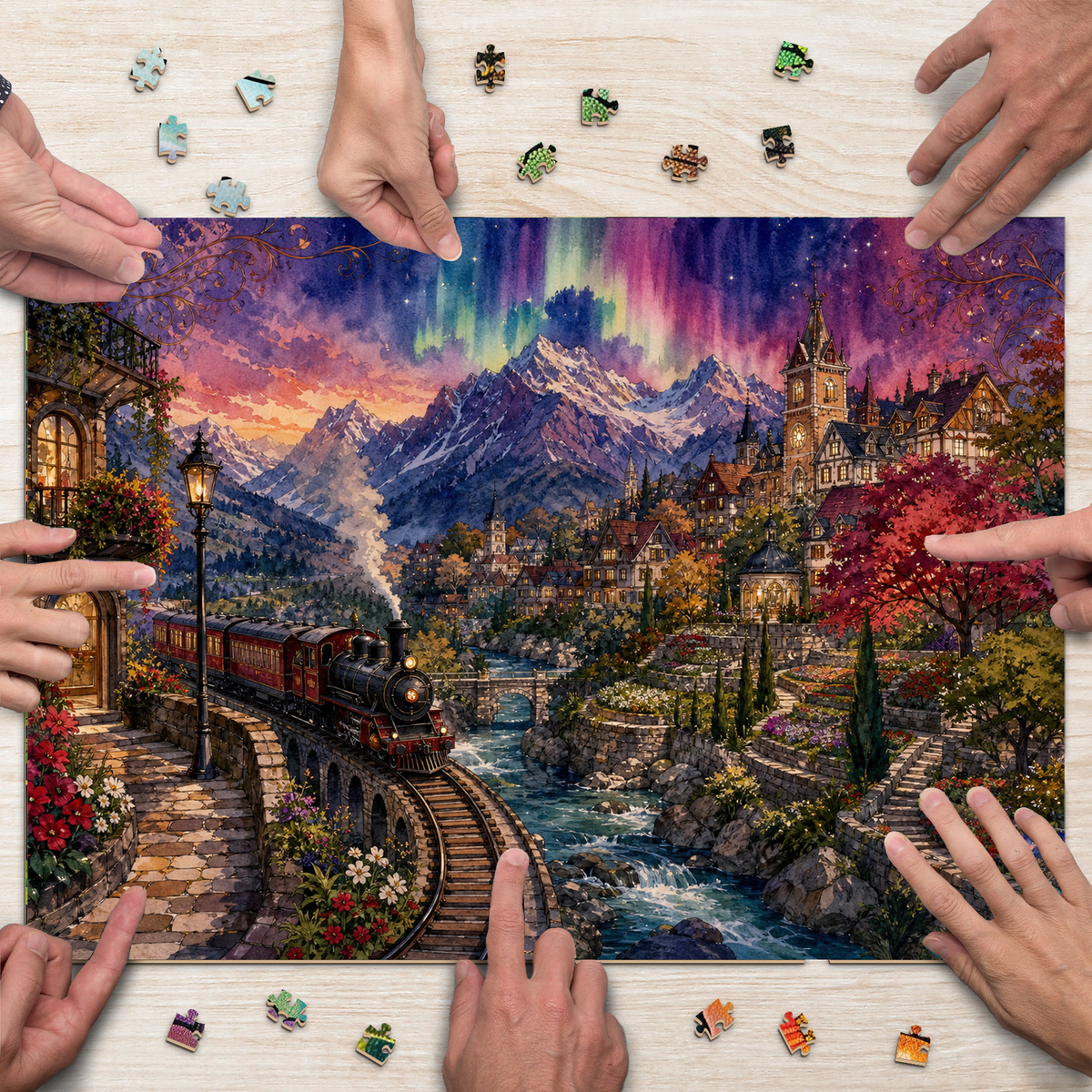 Aurora Mountain Railway Town Landscape Puzzle - puzzle product view