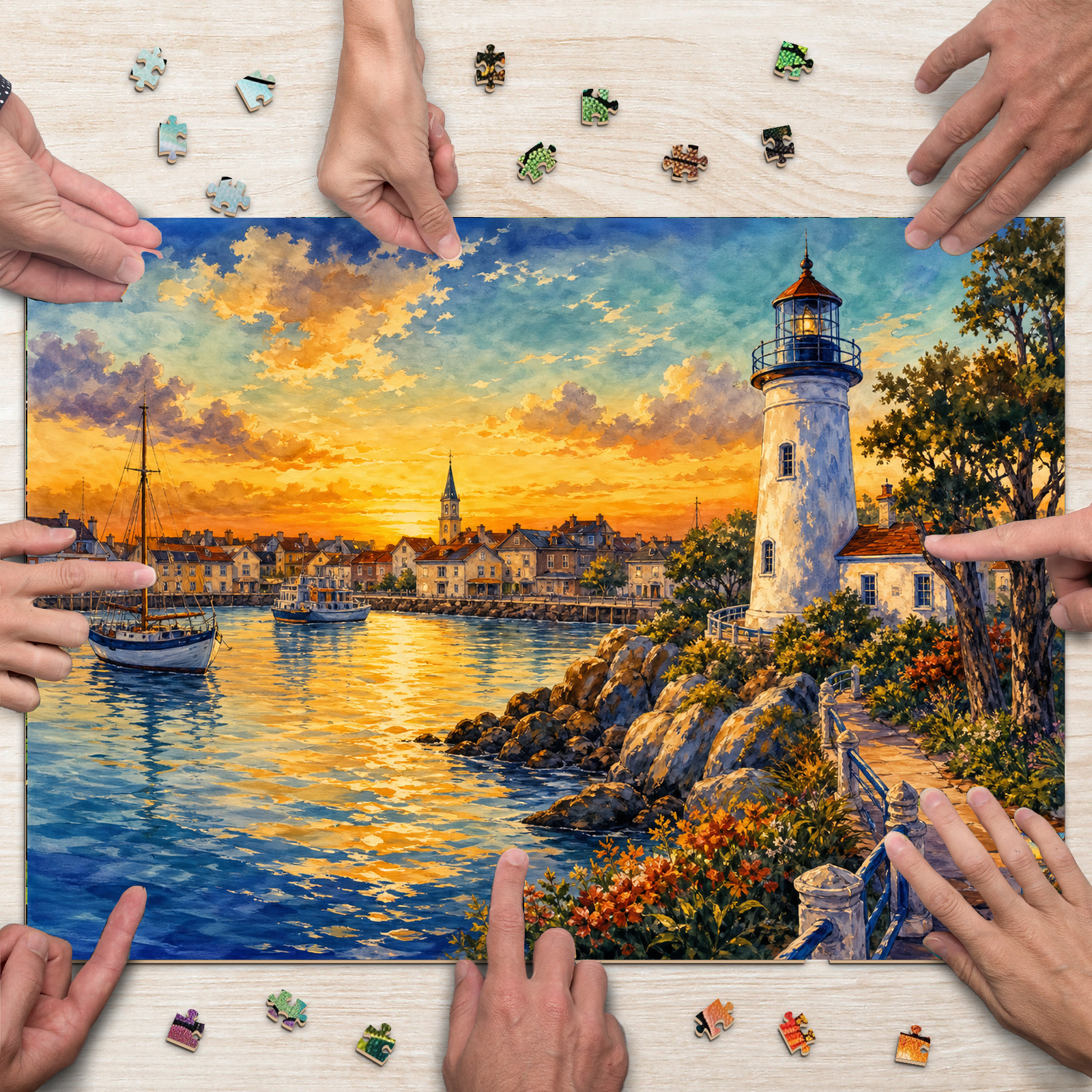 Golden-Hour Lighthouse Harbor Landscape Puzzle - puzzle product view