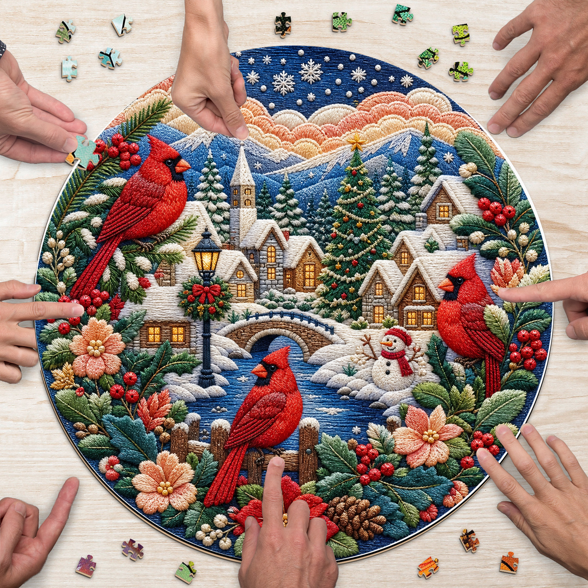 Wildflower Cardinal Winter Village Round Puzzle - puzzle product view