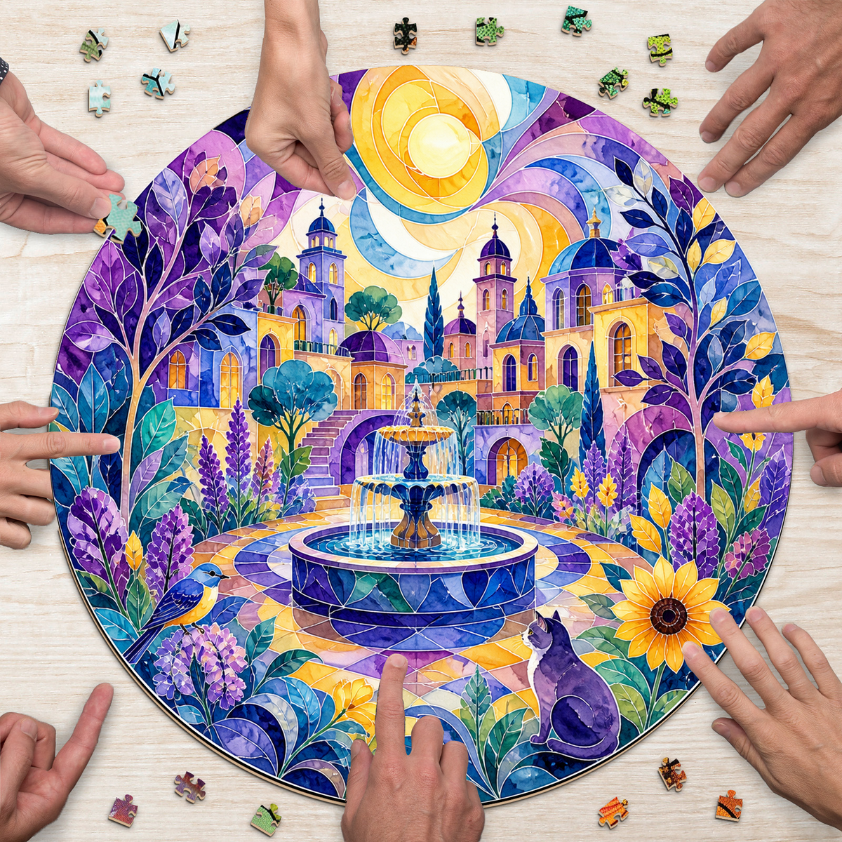 Dancing Watercolor City Garden Round Puzzle - puzzle product view