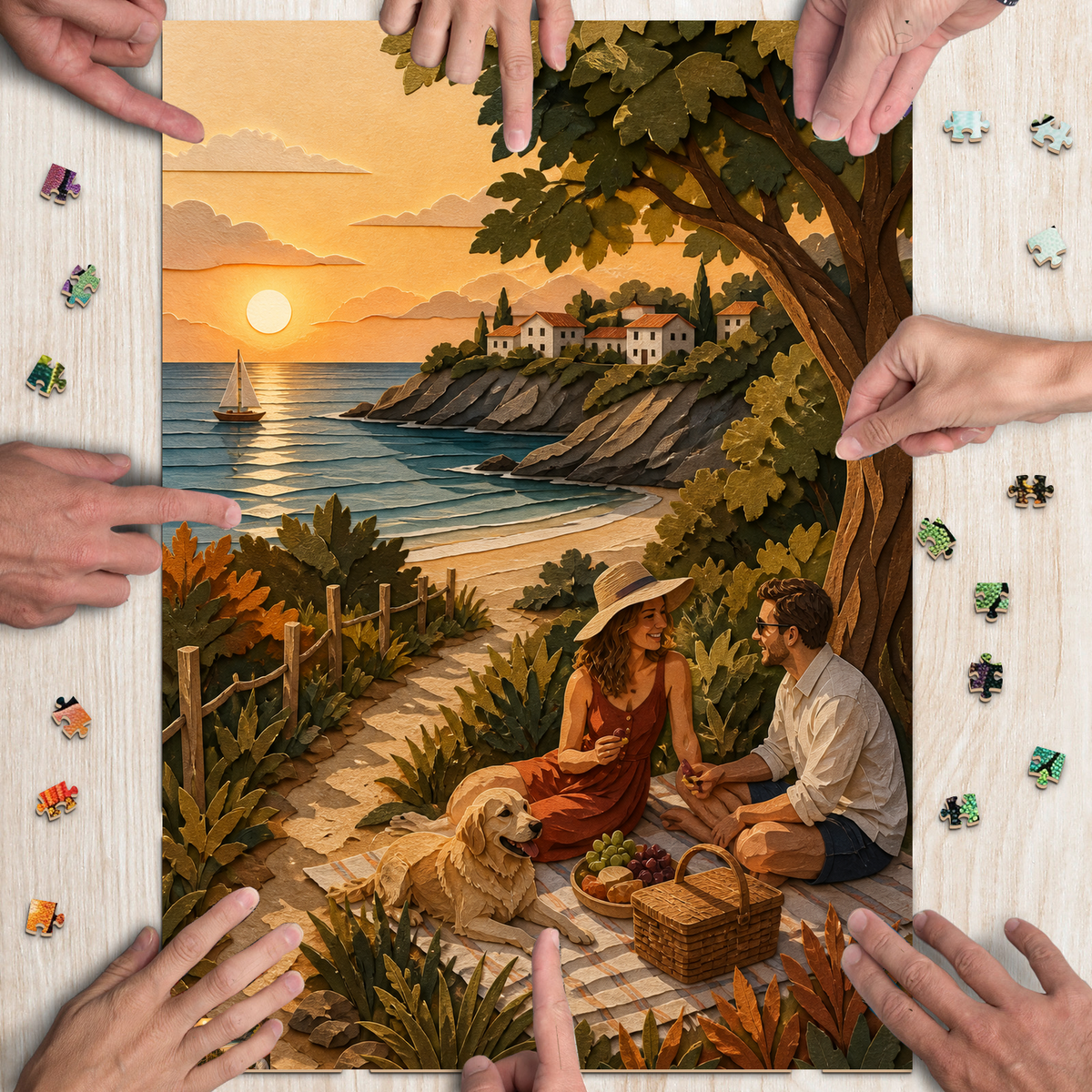 Moonlit Summer Beach Picnic Paper Cut Collage Portrait Puzzle - puzzle product view