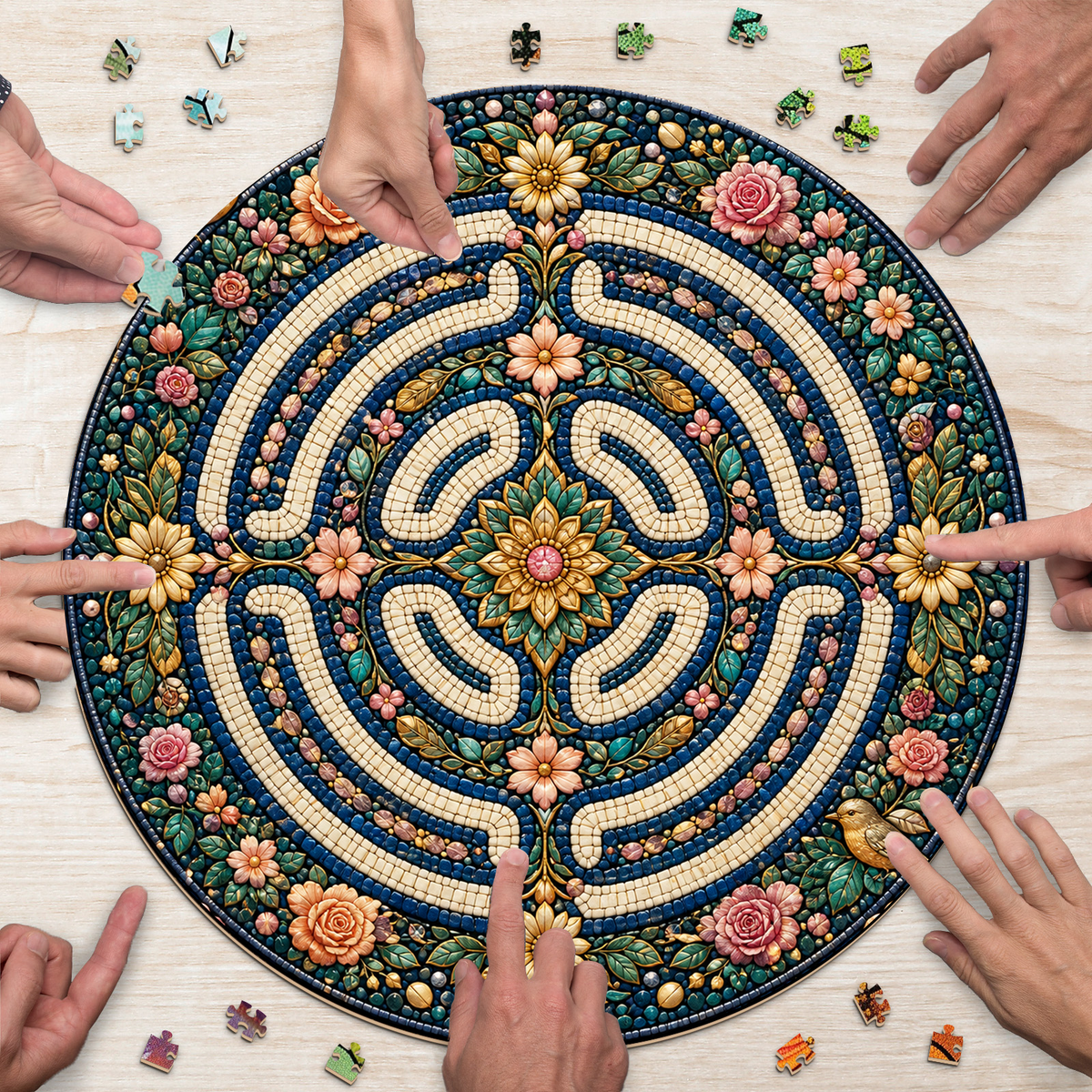 Golden Floral Labyrinth 074 Round Puzzle - puzzle product view
