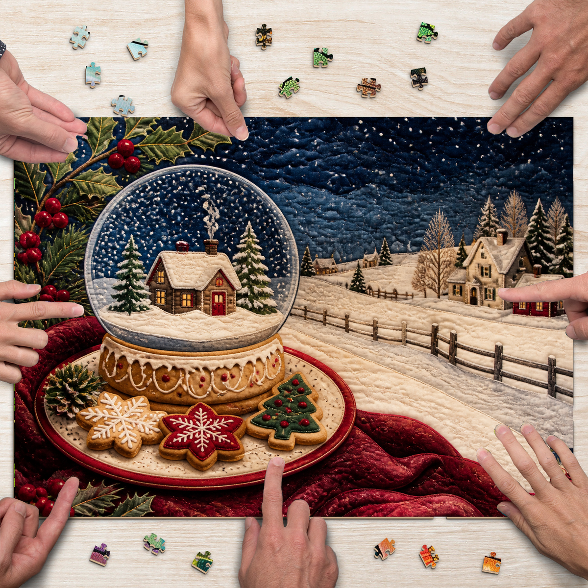 Luminous Snow Globe Cookie Table Textile Quilt Landscape Puzzle - puzzle product view