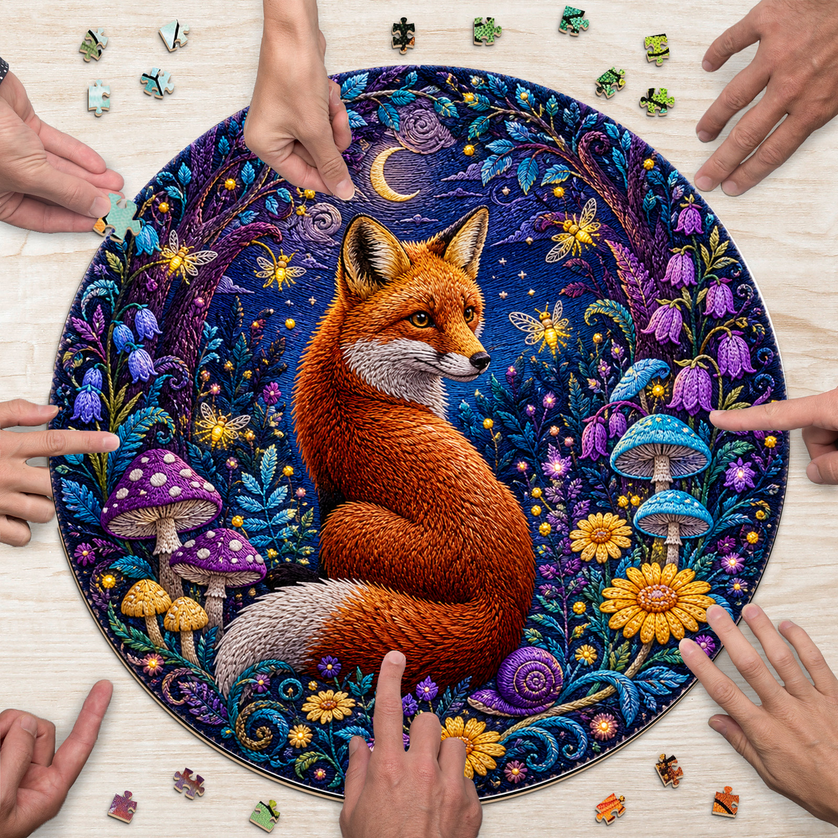 Twilight Fox and Firefly Grove Round Puzzle - puzzle product view