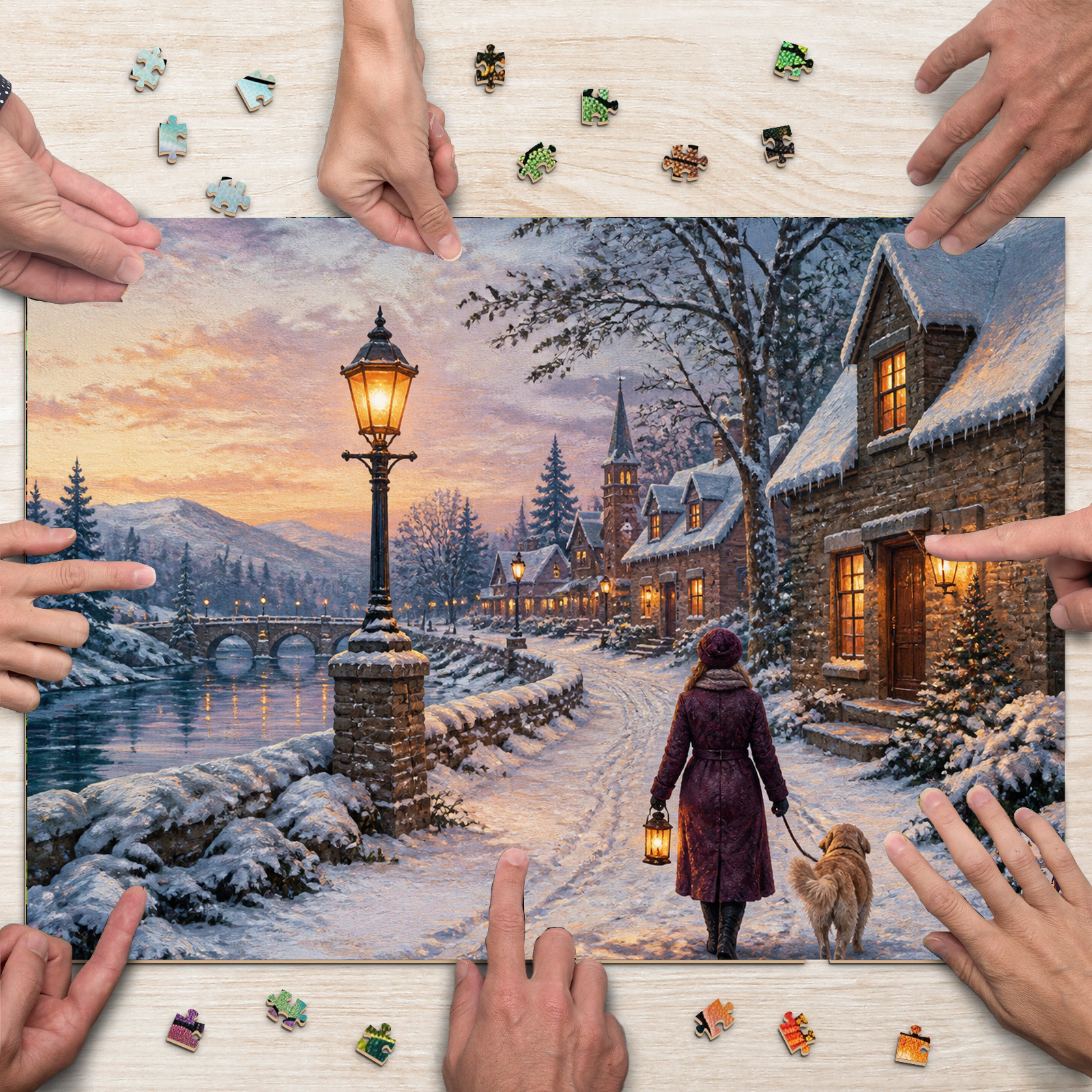 Sunlit Lantern Lit Winter Village Textile Quilt Landscape Puzzle - puzzle product view