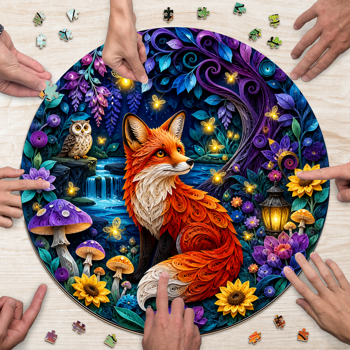 Velvet Fox and Firefly Grove Round Puzzle - puzzle product view
