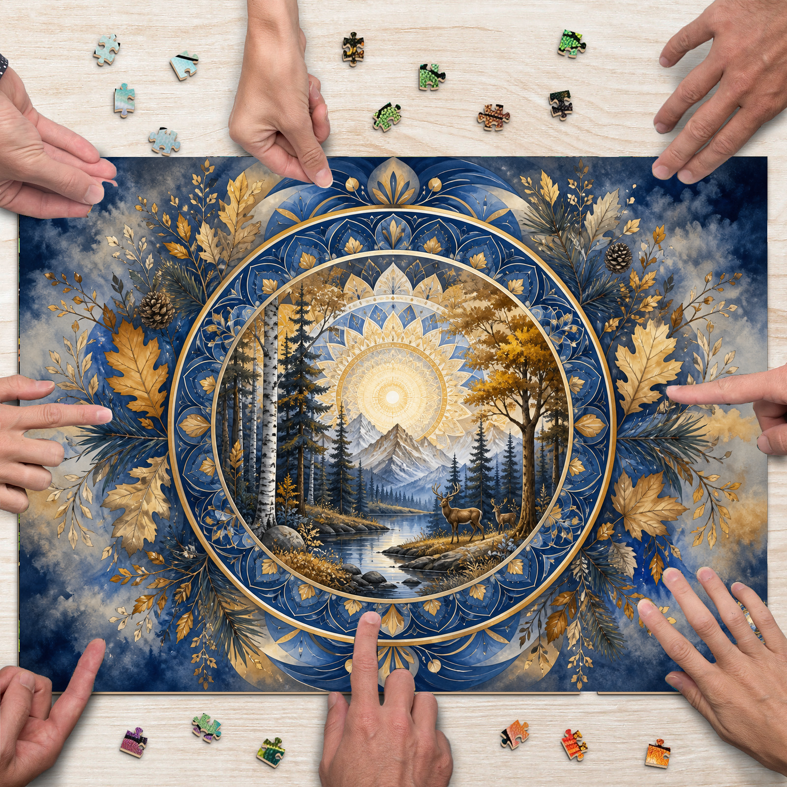 Golden Hour Stained Glass Forest Mandala Ornamental Landscape Puzzle - puzzle product view