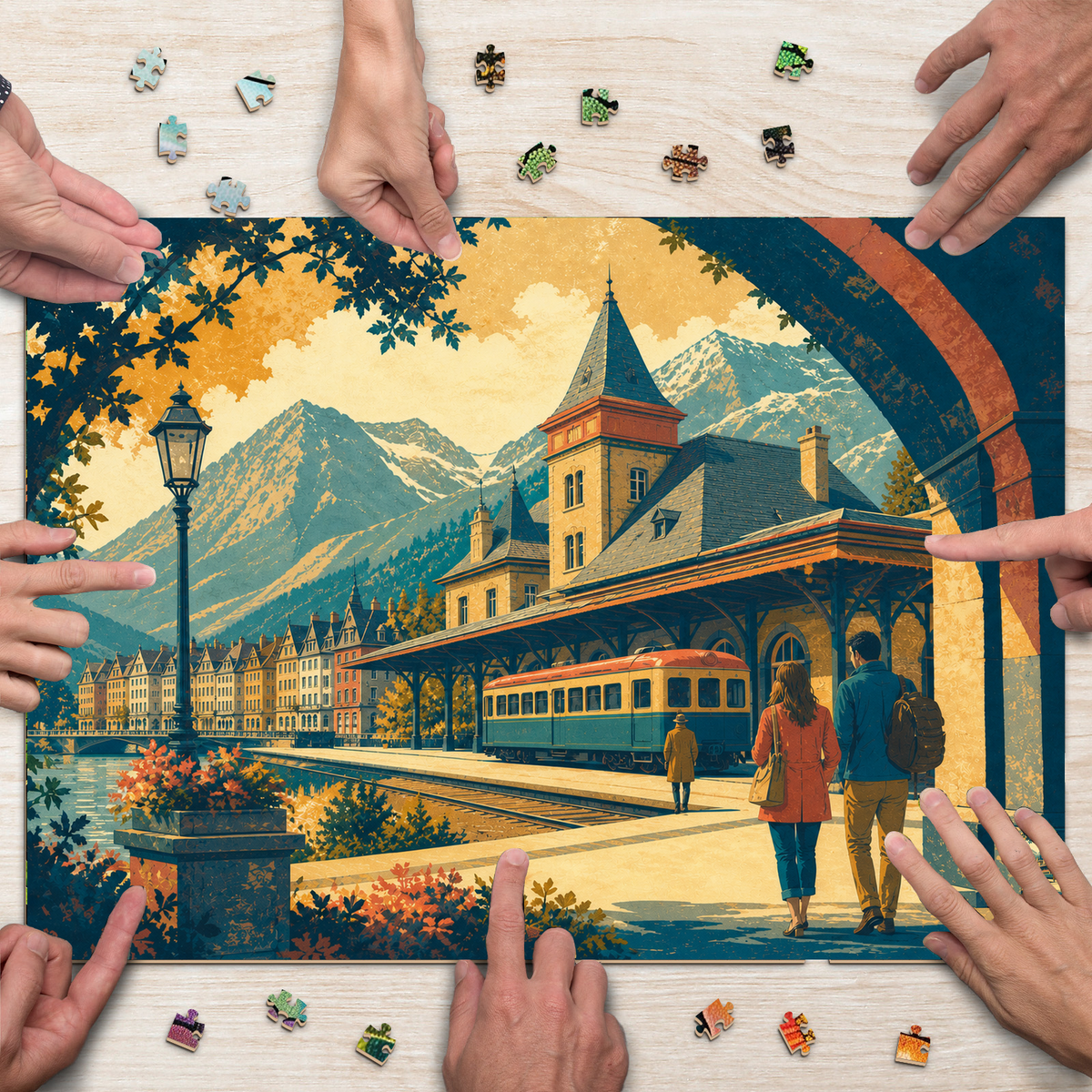 Luminous Mountain Railway Station Landscape Puzzle - puzzle product view