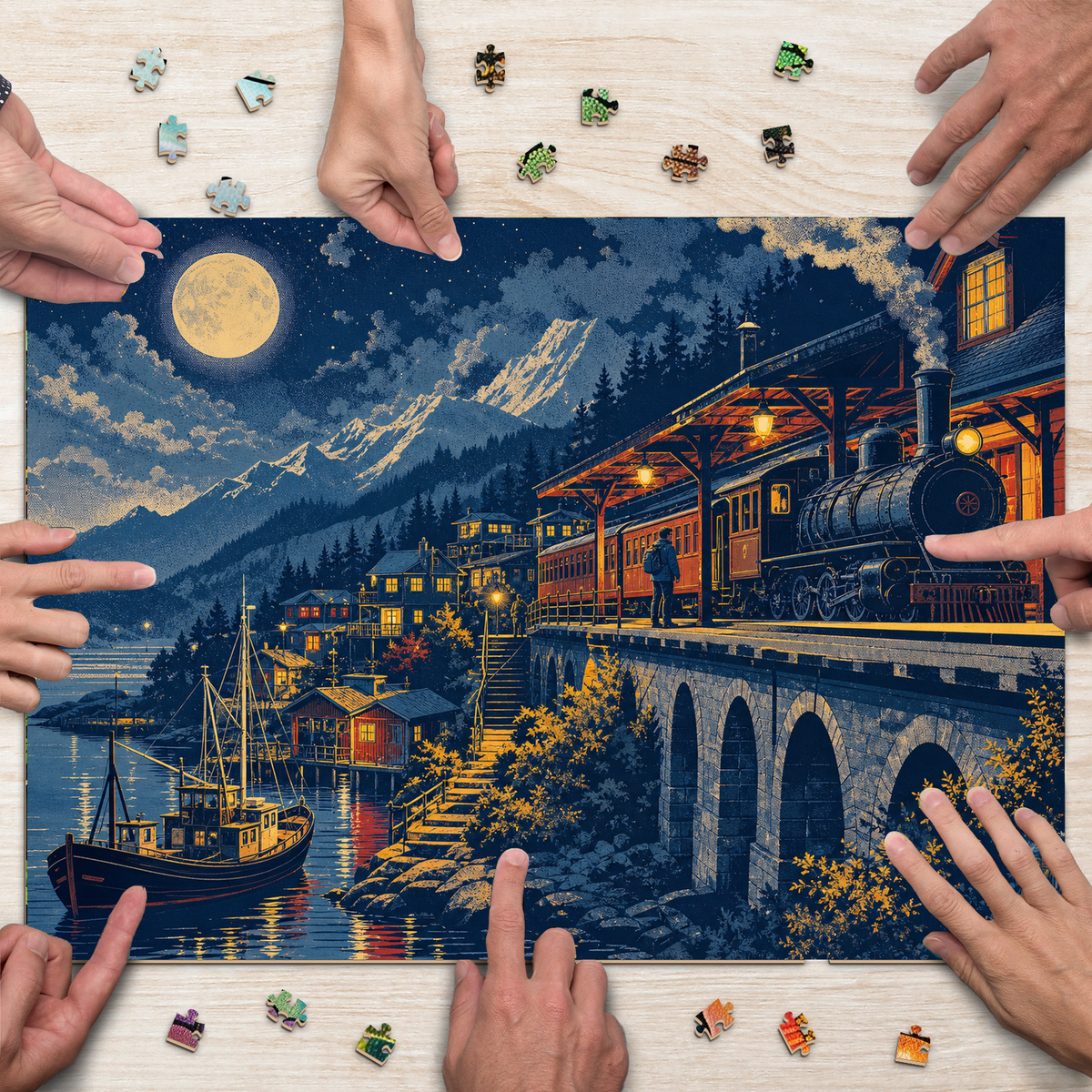 Moonlit Mountain Railway Station Landscape Puzzle - puzzle product view